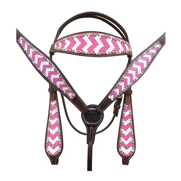 HILASON Western Horse Genuine Leather Headstall & Breast Collar Set Pink Zigzag